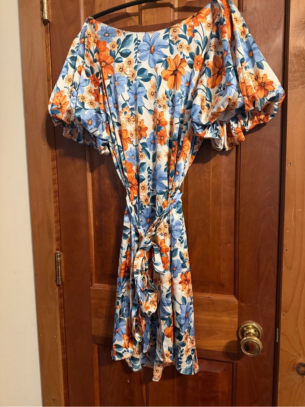 Umgee Floral Puff-Sleeve Tie-Waist Dress in Blue & Orange